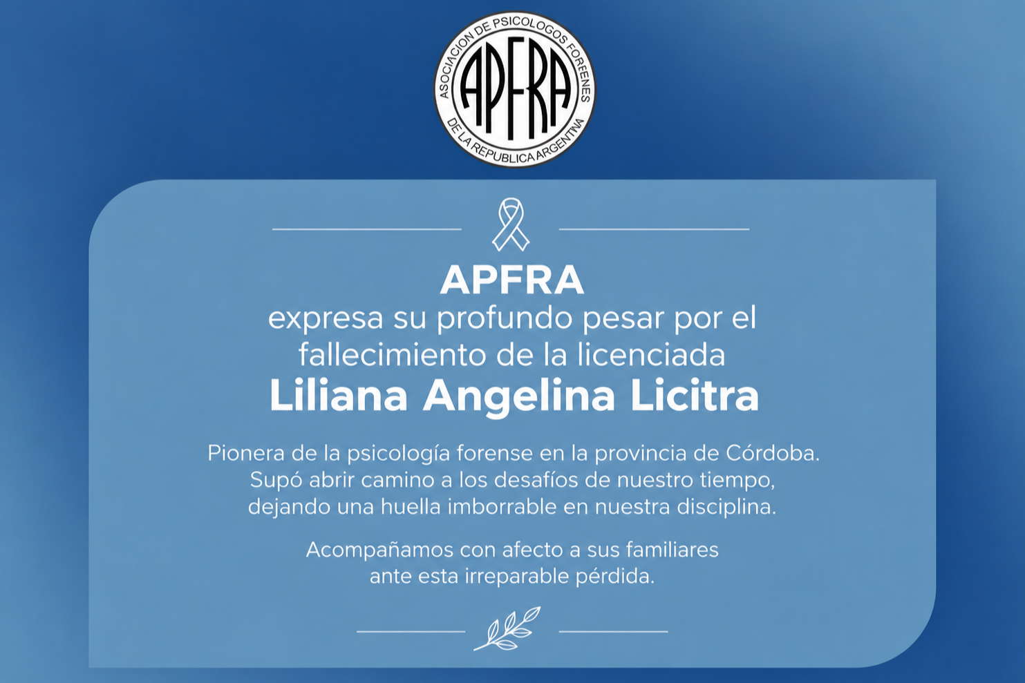 APFRA expresa su profundo pesar por el fallecimiento de la licenciada Liliana Angelina Licitra